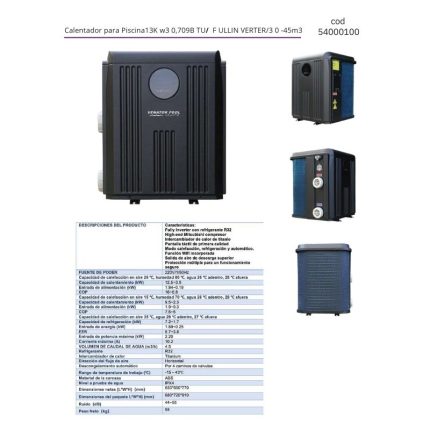 Calentador para Piscina 13 Kw 30,709 BTU / FULL INVERTER / 30-45m3
