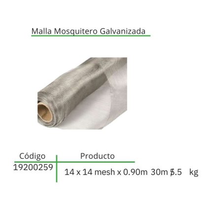 Malla Mosquitero Galvanizada 14 x 14 mesh x 0.90m 30m / 5.5 kg